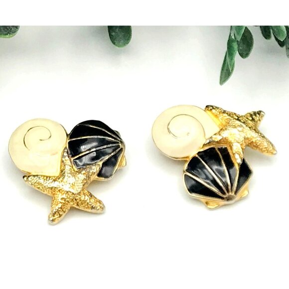 Gold-Tone Starfish & Shell Clip-On Earrings With Black & Cream Enamel Accents - Picture 1 of 6